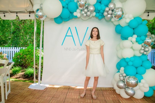 Beautiful White and Blue Organic Half Balloon Arch with Metallic Silver Accents Over Step and Repeat as Photo Op for Tent Party Decor
