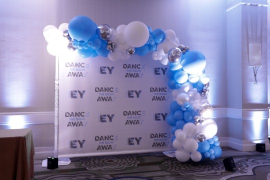 Beautiful Blue & White with Silver Accent Organic Half Balloon Arch over Step and Repeat as Photo Op for Bat Mitzvah Decor