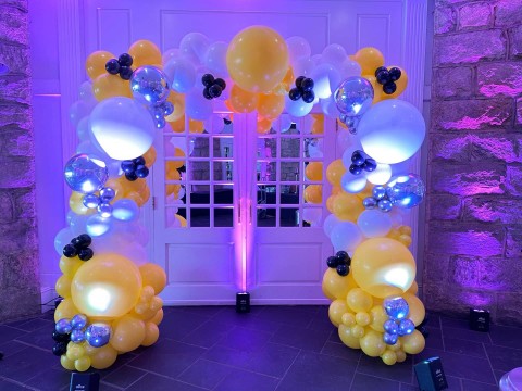 Yellow & White Organic Balloon Garland with Silver Metallic Orbz & LED Lighting for Bat Mitzvah at Fenway Golf Club