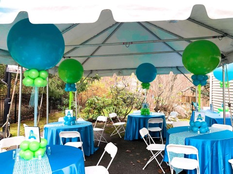 Outdoor Tent Bat Mitzvah with Turquoise & Lime Balloon Centerpieces & Custom Logo