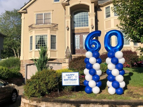 Mylar Number Balloon Columns and Custom Yard Sign for Drive By Birthday Celebration