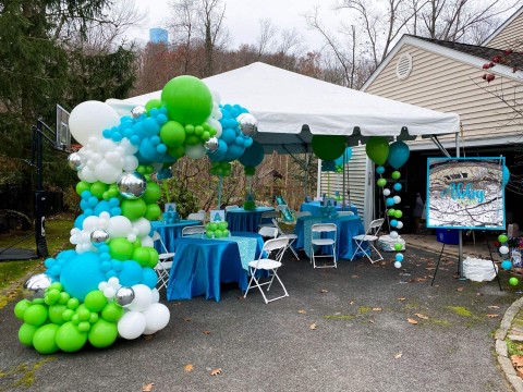 Outdoor Tent Bat Mitzvah with Organic Balloon Arch Entrance