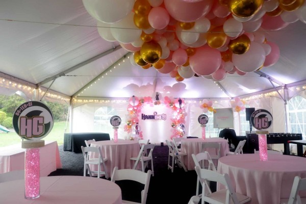 Balloon Arch, Ceiling Treatment, Custom Backdrop & Custom Logo Centerpiece for Tent Party