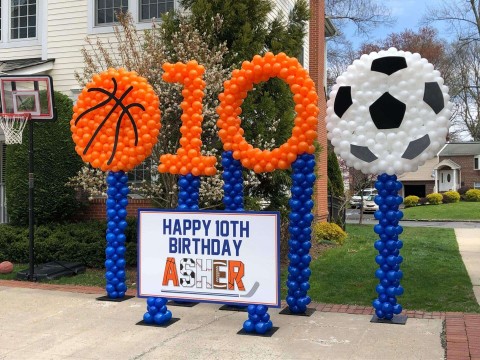 Basketball & Soccer Ball Balloon Sculptures & Custom Sign for 10th Birthday Drive By