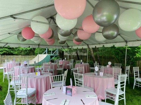 Tent Party Bat Mitzvah with Ceiling Balloon Treatment & Mini Photo Cube with Logo Topper Centerpiece
