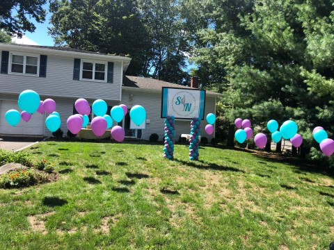 Turquoise & Lavender Balloon Scape with Custom Logo Sign for Drive By Bat Mitzvah