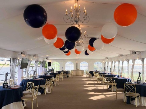 Navy & Orange Ceiling Balloons in Tent for Outdoor Bar Mitzvah at Glen Island Harbour Club