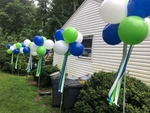 Topiary Balloon Arrangements with Ribbon Tassels for Outdoor Bar Mitzvah
