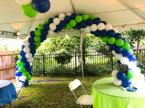 Blue & Green Balloon Arch in Outdoor Tent For Bar Mitzvah Celebration