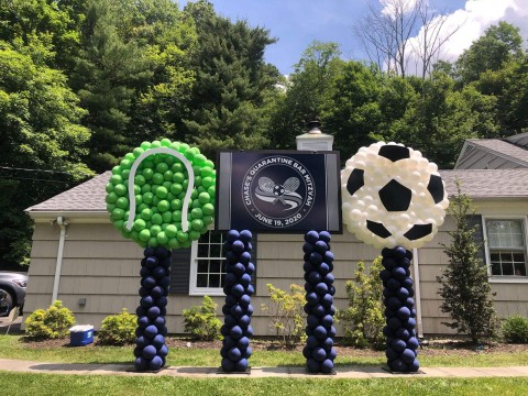 Custom Sports Themed Logo Sign with Tennis & Soccer Ball Balloon Sculptures for Outdoor Bar Mitzvah