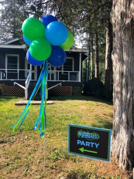 Balloon Topiary Arrangement  with Ribbon Tassels and Custom Lawn Sign for Outdoor Bar Mitzvah