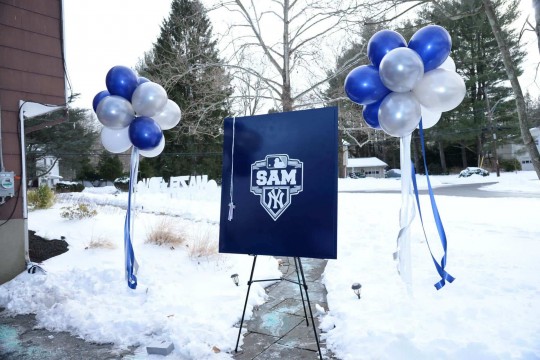 Navy, Silver & White Balloon Topiaries near Custom Logo Sign in Board for Drive By Bar Mitzvah