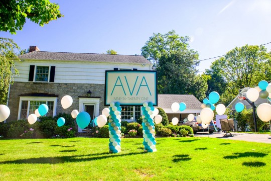 Amazing Decor for Backyard Party with Free Standing Balloons and Custom Printed Sign Over Balloon Columns