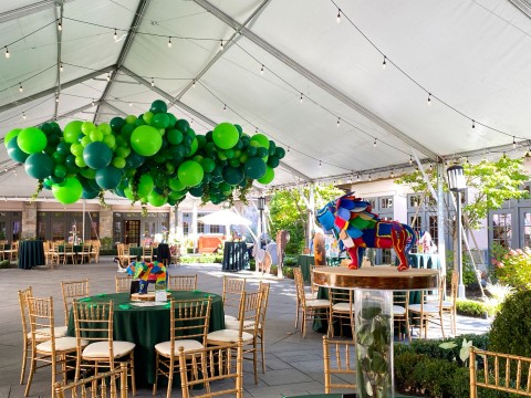 Jungle Theme Balloon Garland with Greenery, Custom Centerpieces and Life Size Animal Cut Outs for Tent Party Decor