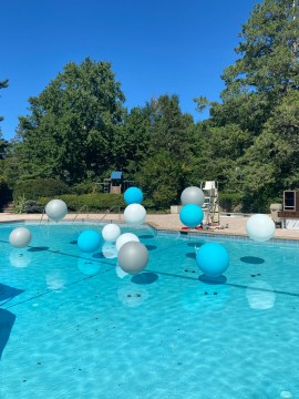 Amazing Pool Treatment with Large White, Silver and Caribbean Blue Balloons for Outdoor Bat Mitzvah Decor