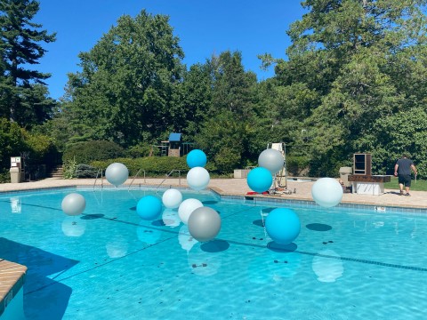 Amazing Pool Treatment with Large White, Silver and Caribbean Blue Balloons