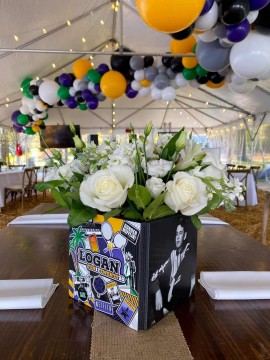Photo & Logo Cubes with Florals for Rustic Bar Mitzvah in Outdoor Tent