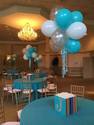 Photo Cube & Topiary Balloon Centerpieces with Glittered Initials