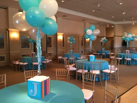 Photo Cube & Topiary Balloon Centerpieces with Glittered Initials