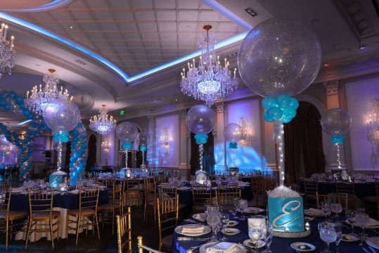 Swim Themed Photo Cube Centerpieces with Silver & Turquoise Sparkle Balloons & Lights