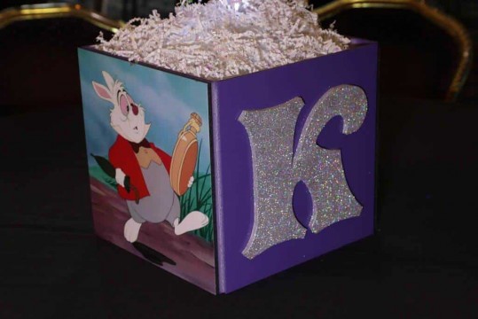 Alice in Wonderland Cube Centerpiece with Glittered Initial  & Character Photos