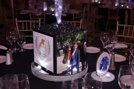 Horse Themed Photo Cube Centerpiece with Custom Logo & Photos on LED Bling Base