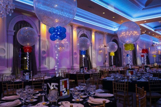 Mondrian Themed Bat Mitzvah with Custom Cube Centerpieces and 3' Balloons & Lights at The Rockleigh, NJ
