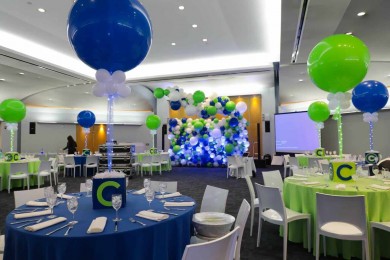Custom Cube Centerpieces with Cutout Initial & Logo for Blue & Lime Themed Bar Mitzvah at Temple Israel, NYC
