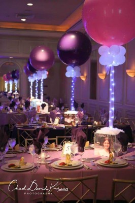 Bat Mitzvah Photo Cube Centerpiece with Alternating Lavender and Purple Balloons & LED Lighting