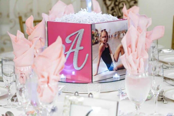 Bat Mitzvah Photo Cube Centerpiece with Photo & Glittered Initial on LED Bling Base