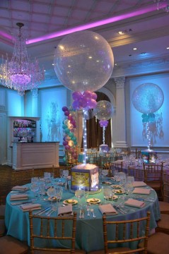 Candy Themed Cube Centerpiece with Silver & Lavender Sparkle Balloon