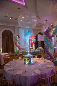 Candy Themed Cube Centerpiece with Tiffany & Lavender Sparkle Balloon