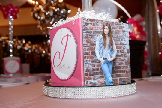 Pink & Silver Themed Bat Mitzvah Photo Cube Centerpiece with Custom Logo