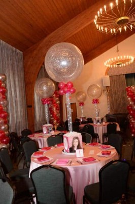 Pink & Silver Themed Bat Mitzvah Photo Cube Centerpiece with Sparkle Balloon & Lights