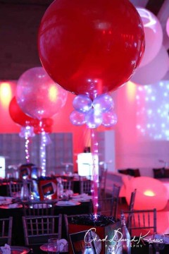Music Themed Cube Centerpiece with Red & Silver LED Balloons