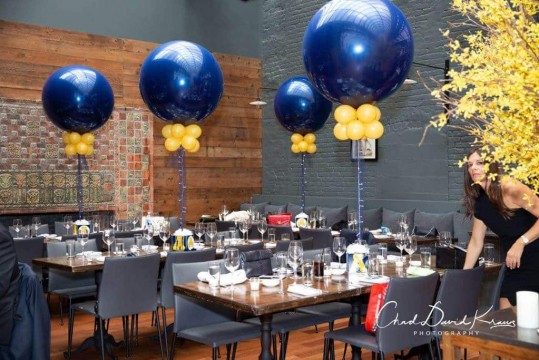 Michigan Themed Bar Mitzvah Centerpieces with Custom Cube Base and 3' Navy Balloons at The Milling Room, NYC
