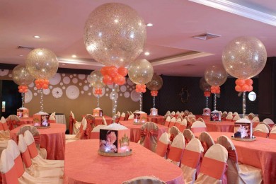 Christening Photo Cube Centerpieces with Custom Logo, Bling Bases & Gold Sparkle Balloons