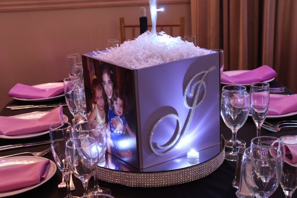 Bat Mitzvah Photo Cube with Sparkly Initial & LED Bling Base