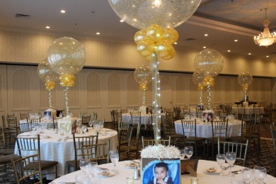 50th Anniversary Cube Centerpieces with Gold Sparkle Balloons
