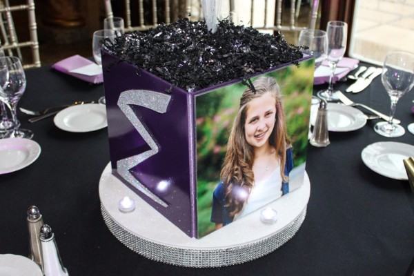 Photo Cube Centerpiece with Silver Sparkly E & Bling Trim Base