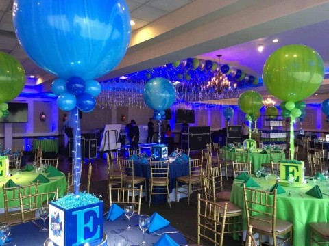 Bar Mitzvah Photo Cube Centerpieces with Initial, Logo & 3' Marble Balloons