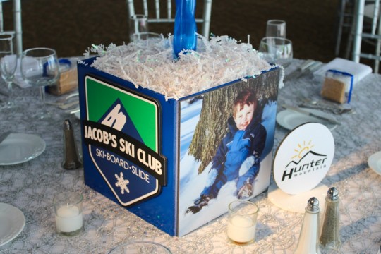Ski Themed Photo Cube Centerpiece with Custom Logo, Photos & Table Signs