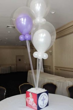 Baptism Photo Cube Centerpiece with Cross Balloons in Balloons