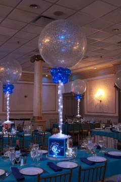 Soccer Themed Bat Mitzvah Centerpiece with Custom Logo, Photos and Sparkle Balloons with Lights