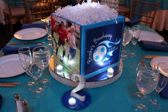Soccer Themed Photo Cube Centerpiece with Bling Base, LED Lights & Custom Table Numbers