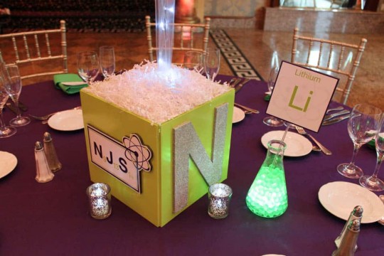 Science Themed Photo Cube Centerpiece with Sparkly Initial & Custom Logo