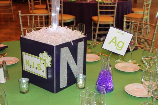 Science Themed Photo Cube Centerpiece with Votive Candles & LED Flask Table Signs