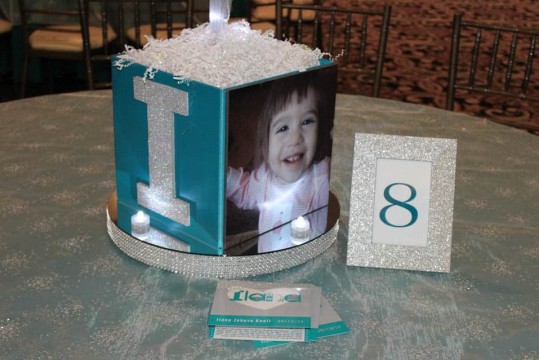 Bat Mitzvah Photo Cube Centerpiece with Sparkly Initial & Bling Base with LED Lights