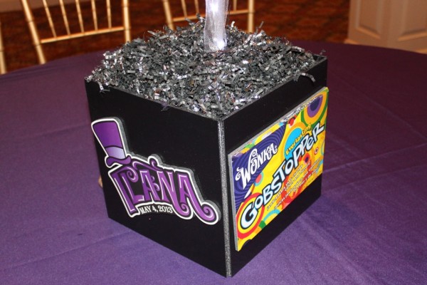Wonka Candy Themed Centerpiece with Custom Logo & Candy Wrappers