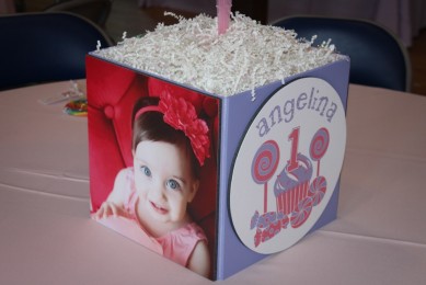 Candy Themed First Birthday Photo Cube Centerpiece
